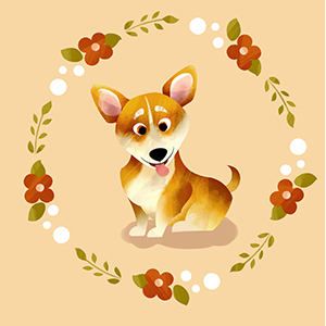 corgi surrounded by flowers