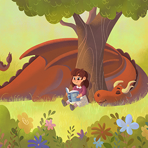 girl reading under tree near dragon