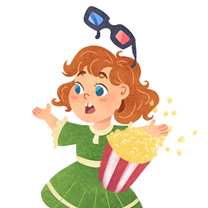 surprised girl with 3d glasses and popcorn