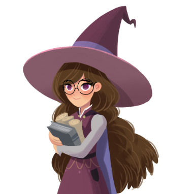 young witch holding book and scrolls